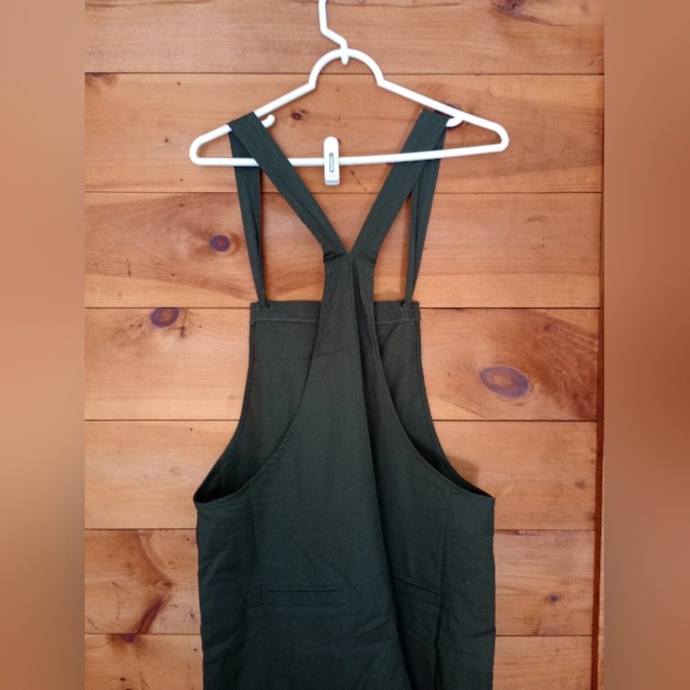 New Dark Olive Knotted Wide Leg Stretch Cotton Overall Jumpsuit - Picture 5 of 11